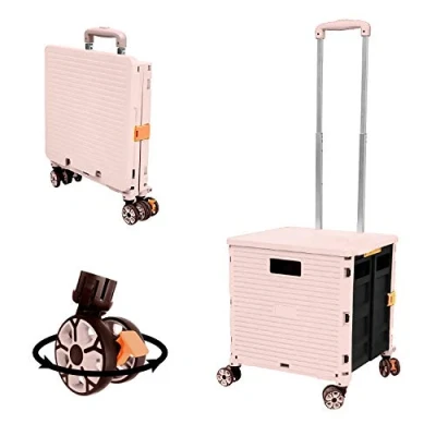 Image of Foldable Shopping Trolley Box on Wheels with Lid Wear Resistant Noiseless 360Rotate Wheel Adjustable Aluminum Alloy Handle Folding Boot Cart 45KG/99LBS Load Capacity Portable Durable Trolley（Pink ）