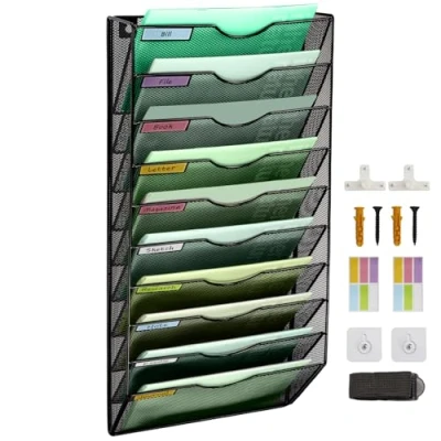 Image of IOUGDSEC 10 Tier Mesh Hanging File Organizer Vertical Wall Holder for Office School Home, Nametag Label Hooks Set Included