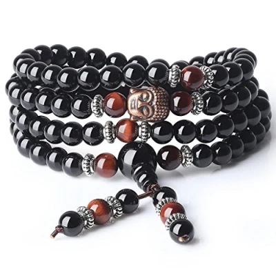 Image of COAI 6mm Black Onyx Red Tiger Eye 108 Beads Mala Bracelace Necklace for Yoga Meditation