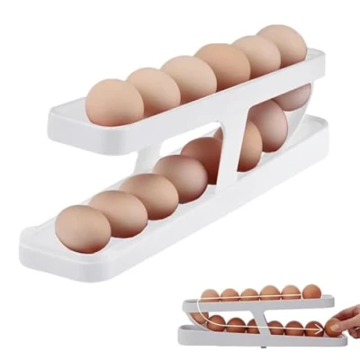 Image of YaLiyA Egg Holder for Refrigerator Automatically Rolling Storage Container Holds 12 14 Eggs 2 Tier Basket Kitchen Countertop Organizer (White)