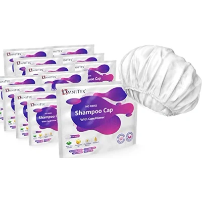 Image of 12pk Omnitex Premium Rinse Free Shampoo Cap Microwaveable with Conditioner &amp; Vitamins Nourish Protect Herbal Extracts Barrier Cream No Water, Parabens, Latex Free, Alcohol