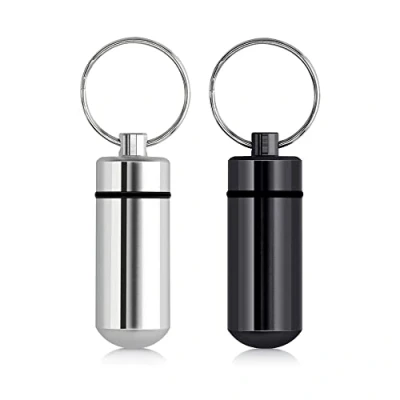 Image of kwmobile Key Ring Pill Cases (Pack of 2) Metal Keychain Mini Case Holders Keyring Chain Portable Pills Container Black/Silver