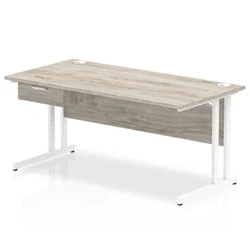 Image of Impulse 1600x800 Desk Grey Oak/White Cantilever 1x1 Drawer Fixed Ped