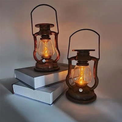 Image of 2pc LED Solar Light Retro Kerosene Lamp Powered Candle Hanging Outdoor Portable Lantern Courtyard Garden Decor