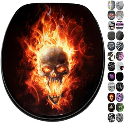 Image of Sanilo Toilet Seat, Wide Choice of Black Seats, Stable Hinges, Easy to Mount (Skull in Flames)