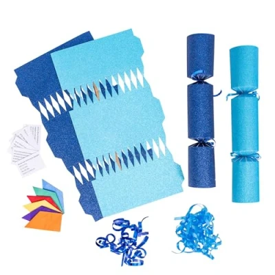 Image of evelay 12 Make Your Own Christmas Cracker Kit DIY Blue &amp; Navy Glitter Crackers Hats Snaps Jokes (Blue, Navy)