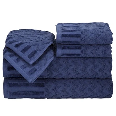 Image of Lavish Home 6 Piece Cotton Deluxe Plush Bath Towel Set Chevron Pattern Sculpted Spa Luxury Decorative Body, Hand and Face Towels (Navy), 27&#039;x54 x0.25