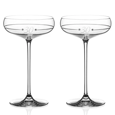 Image of DIAMANTE Swarovski 30th Birthday Ring Champagne Saucers Pair Crystal Cocktail Coupe Glasses with Hand Etched 30 and Crystals Gift Boxed Set of 2