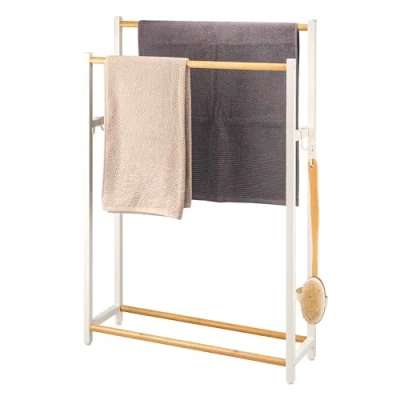 Image of eluno Metal Standing Towel Rack with Bamboo, Extra Large Free for Shower Towels Bath Rack, 2 Bars and 4 Hooks (white)