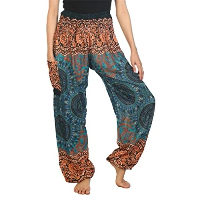 Image of Lofbaz Harem Pants for Women Hippie Boho Festival Clothing Bohemian Trousers Yoga Beach Summer Smocked Waist with Pockets Rose 2 Teal Green XL