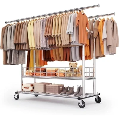 Image of HOKEEPER heavy duty clothes rack on wheels, double rail, can hold up to 283 kg, industrial design, coat with shelf and laundry basket, extendable length height