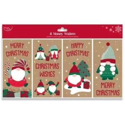 Image of Eurowrap North Pole Christmas Xmas Money Cash Gift Wallets &amp; Envelopes, Kraft Gnomes Gonks Pack of 4 (X31837MWC)