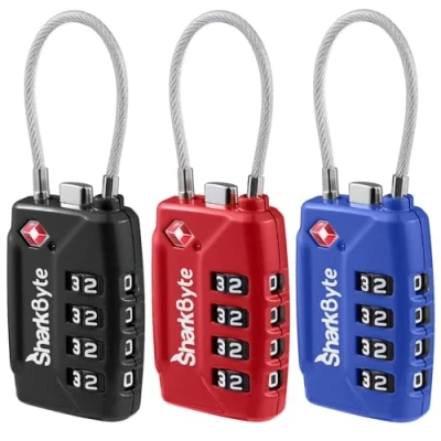 Image of SharkByte TSA Approved Suitcase Locks 4 Dial Security Travel Combination Padlock, Flexible Cable Wire Lock for Suitcases, Luggage locks, Case Bag Gym Locker Code Small PadLock (3 Pack)