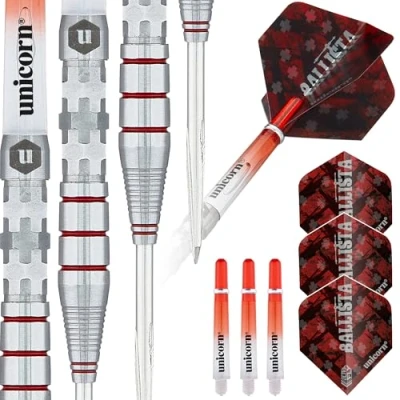 Image of Unicorn Steel Tip Darts Set Ballista Style 3 90% Natural Tungsten Barrels with Red Accents &amp; Volute Points 21 g