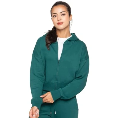 Image of 989Zé ENZO Womens Hoodie Top Casual Fleece Cropped Sweatshirt With Hood Crop Hoody (UK, Alpha, L, Regular, Dark Green Zip)