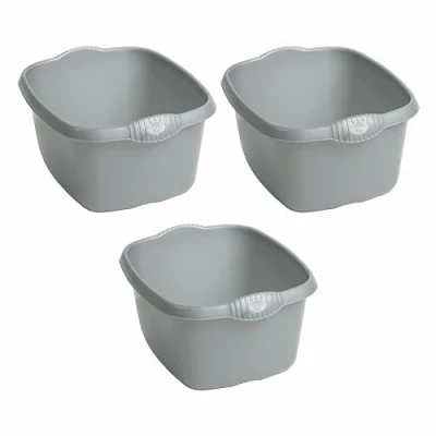 Image of Large Rectangular Washing Up Bowl, 12 Litre, Silver High Grade 39cm Basin Kitchen Mixing Bowls Sink Tidy Upcycled Plastic Bowl Sink, Mixing, Organizer (Set of 3)