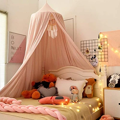 Image of Premewish Baby Children Bed Canopy, Round Dome Cotton Mosquito Net Reading Room Decorations Nursery for Castle Hanging House Nook (Pink 1)