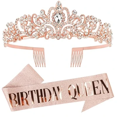 Image of DRESHOW Birthday Crown and Sash for Women Queen &amp; Rhinestone Tiara Set Tiaras Sashes Girls Decorations Hair Accessories Glitter Party