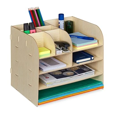 Image of Relaxdays Desk Organiser, Office Supplies and Documents, Different Size Compartments, DIY, MDF, 27.5x32.5x25 cm, Beige
