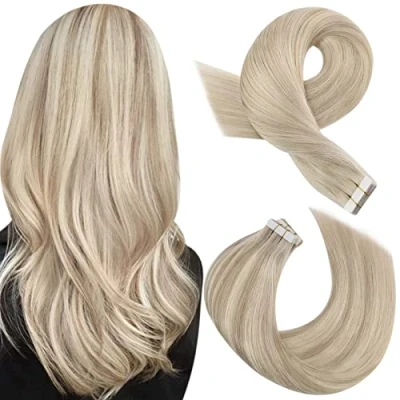 Image of Moresoo Blonde Tape in Hair Extensions Human Highlight Real Ash with Platinum 24 Inch 20 pieces/50g #P18/613