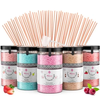 Image of Misskandy® Candy Floss Sugar Pack (5 * 300g) (Strawberry, Apple, Marshmallow, Cola, Raspberry) Use in Cotton Maker + 50 Sticks of 30 cm (Free)