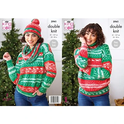 Image of King Cole Ladies DK Knitting Pattern Easy Knit Round or Polo Neck Sweater Cowl &amp; Hat (5941), Multi, 32&#039;&#039; 50&#039;&#039;