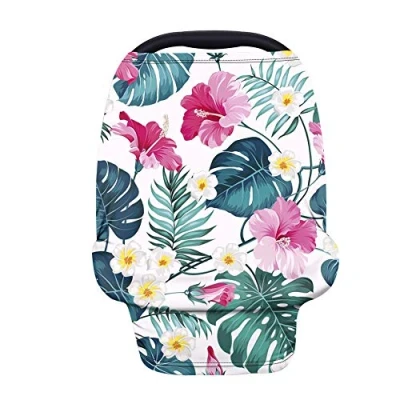 Image of Wanyint Hawaiian Pink Hibiscus Palm Leaves Car Seat Covers for Babies,Nursing Cover Carseat Canopy,Baby Breastfeeding Cover,Multi Use Nursing Scarf,Infant Stroller