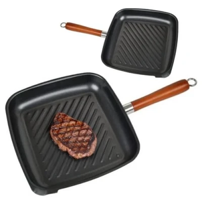 Image of 26CM Non Stick Griddle Grill Steak PAN Rosewood Handle CAST Aluminium Kitchen