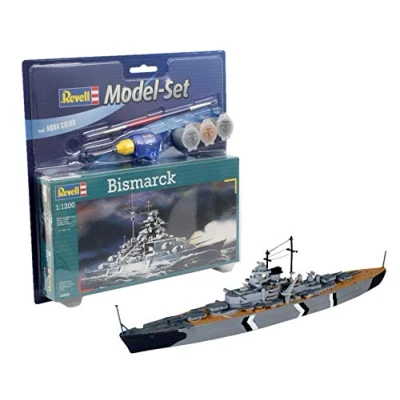 Image of Revell Model Set 65802 Bismarck 1:1200 Scale Unbuilt/Unpainted Plastic Kit with Contacta Professional Glue, Paintbrush &amp; Selected Aqua Color Paints