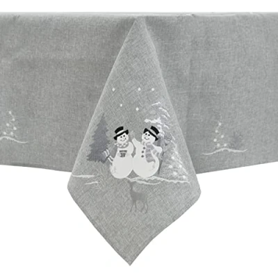 Image of Mr Crimbo Christmas Tablecloths Napkins Grey Fabric White Snowmen 52 x 90