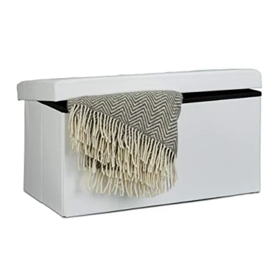 Image of Relaxdays Folding Storage Bench Large Seat, Faux Leather, 38 x 78 cm, Foldable Footstool Ottoman with Removable Lid, White