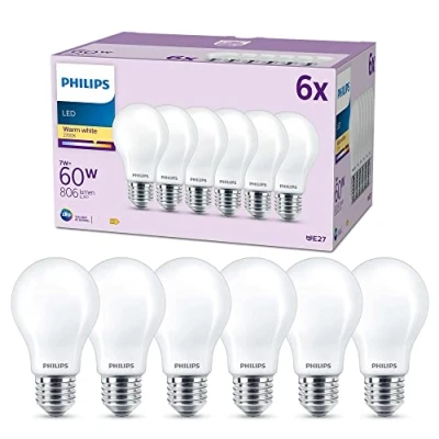 Image of PHILIPS LED Frosted A60 Light Bulb 6 Pack [Warm White 2700K E27 Edison Screw] 60W, Non Dimmable. for Home Indoor Lighting