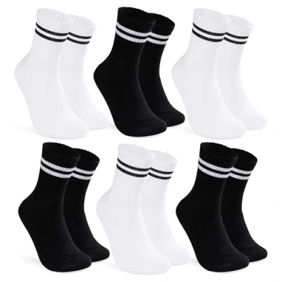 Image of CityComfort Mens Socks Pack of 5 or 6 Striped Crew for Men and Teenagers Soft Breathable Work Sports Gym Casual Size 12 (Black/White, 9/12 UK, 6)