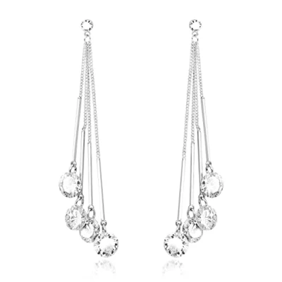 Image of KristLand Elegant Tassel Earrings 925 Silver Ear Pin Gold Plated Drop with Sparkly Cubic Zirconia Stone Party Birthday Wedding Gifts for Women Ladies Girls