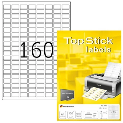 Image of TopStick Self Adhesive Multipurpose Labels, 160 Labels per A4 Sheet, 100 Sheets, 22 x 12 mm, 16000 Blank Universal Stickers, Sticky for Laser &amp; Inkjet Printer, White