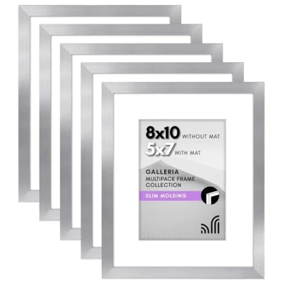 Image of Americanflat 8x10 Picture Frame with Polished Plexiglass Set of 5 Use as 5x7 Mat or Without Galleria Collection Gallery Frames for Tabletop and Wall Display Silver
