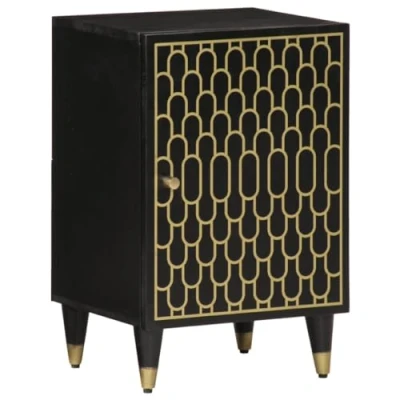 Image of vidaXL Solid Mango Wood Bathroom Cabinet Black Finish Storage Cupboard with Iron Legs, Ample Space, Hand Carved Floral Patterns for Home Decor