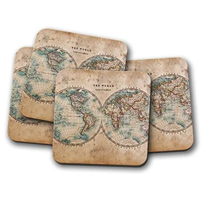 Image of 4 Set Vintage World Hemispheres Map Coaster Rustic Geography Fun #14392