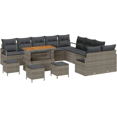 Image of vidaXL 14 Piece Garden Sofa Set with Cushions Grey Poly Rattan Acacia