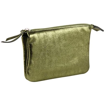 Image of Clairefontaine Ref 400016C Cuirisé&#039; Leather Small Flat Pencil Case With 2 Compartments 13 x 9cm, Made From Genuine Lambskin Leather, Metal Zip Puller Green
