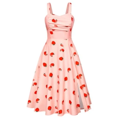 Image of Women 50s Style Dress Elegant Sleeveless Vintage Wedding Guest Formal Strawberry Pink S