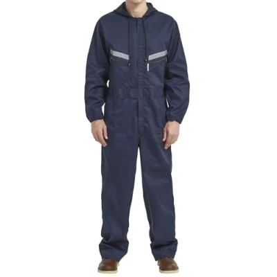 Image of Yukirtiq Men&#039;s Workwear Hooded Boilersuit Coverall with Multi Pockets, Heavy Duty Polycotton Overall Trousers Mechanics Boiler Suit Reflective Tape, Navy Blue, S