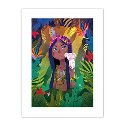 Image of Wee Blue Coo Jungle Girl Flowers Monkey Canvas Wall Art Print