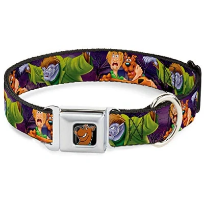 Image of Buckle Down Seatbelt Dog Collar Scooby &amp; Shaggy Hugging w/Werewolf Man Purple 1&quot; Wide Fits 11 17&quot; Neck Medium
