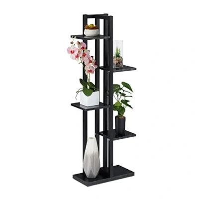 Image of Relaxdays, Black Plant Shelf, Flower Stairs with 5 Shelves, HBT 117 x 43 22 cm, Steel and MDF, Indoor Fibreboard