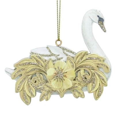 Image of Gisela Graham Wooden Cream and Gold Rococo Swan Decoration 7x8x1 Centimetre