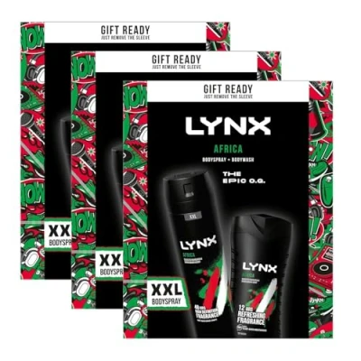 Image of Lynx THE EPIC O.G. Africa 48 H High Definition Fragrance XXL Bodyspray 250 ml &amp; 12 Refreshing Bodywash 225 2 Pieces Ready to Wrap Gift Set For Him,3pk