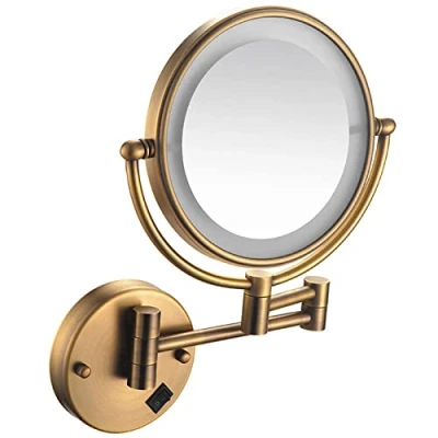 Image of YSOLDA 8 Inch Wall Mounted Lighted Makeup Mirror, Hardwired Dual Sided LED Vanity Mirror with Switch, Brass Adjustable Swivel Magnifying Cosmetic Shaving for Bathroom,Brass,5X