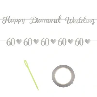 Image of Tabanzhe 2PCS 60th Happy Diamond Wedding Anniversary Bunting Banner,Glitter Decorations with Silver Heart,Anniversary Party Decorative Hanging for Indoor Outdoor