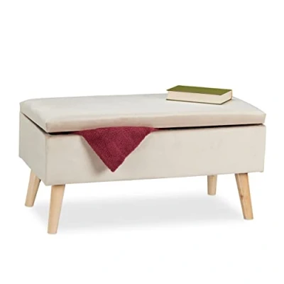 Image of Relaxdays Storage Velvet 40 L Padded Wooden Legs Hallway 2 Seater Chest Bench 41 x 80 cm Cream, 50% fibreboard 30% Wood 20%, Creme